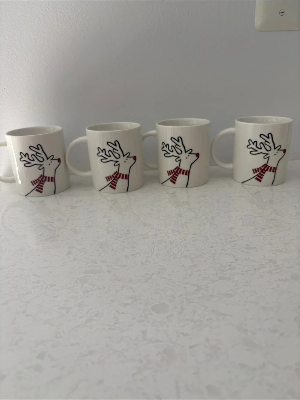 Crate&Barrel White Reindeer Mugs with Red Accent - Set of 4